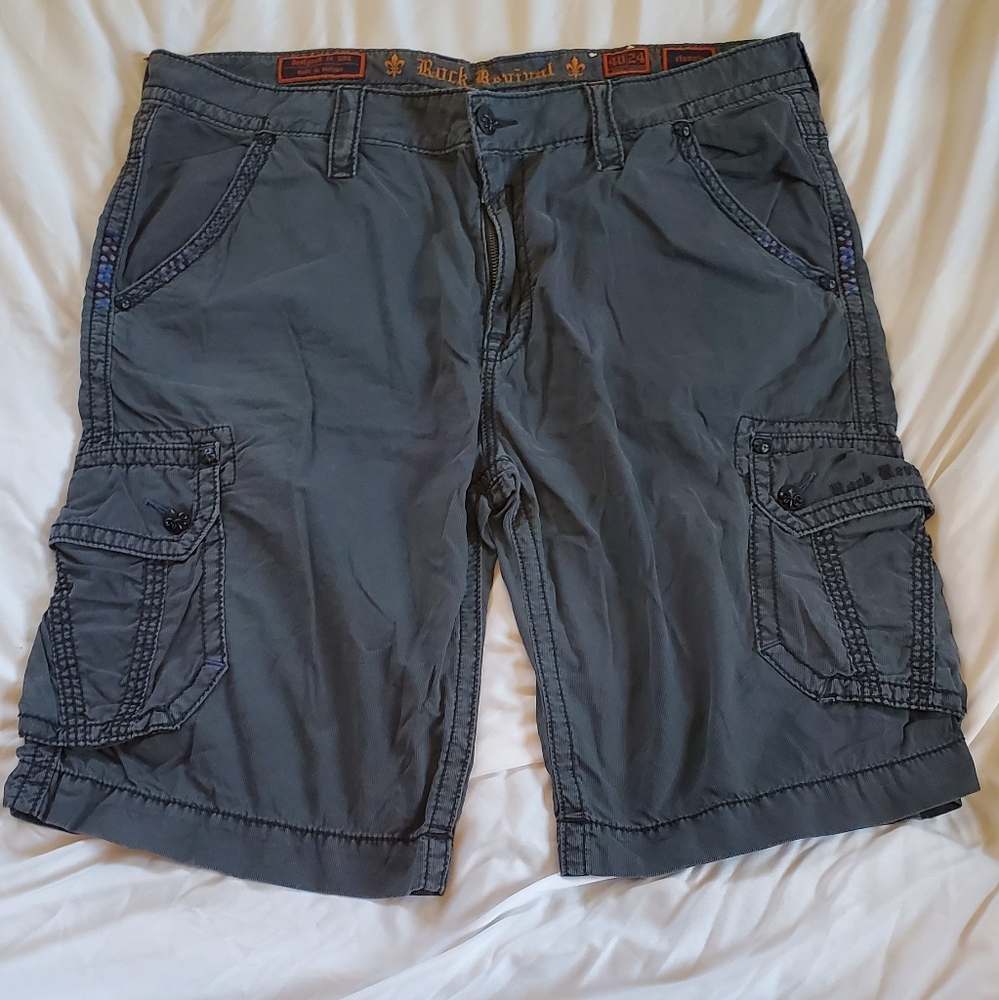 Rock Revival Classic Fit Men's Black Cargo Shorts Distressed 40/24 100% Cotton